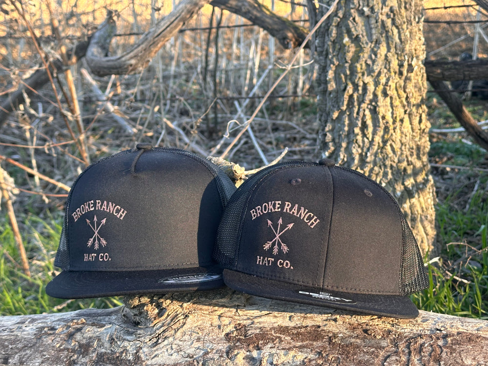Two Broke Ranch Hat Co. caps (Daddy and Me)  on a log with a natural background
