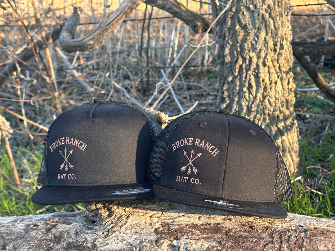 Two Broke Ranch Hat Co. caps (Daddy and Me)  on a log with a natural background