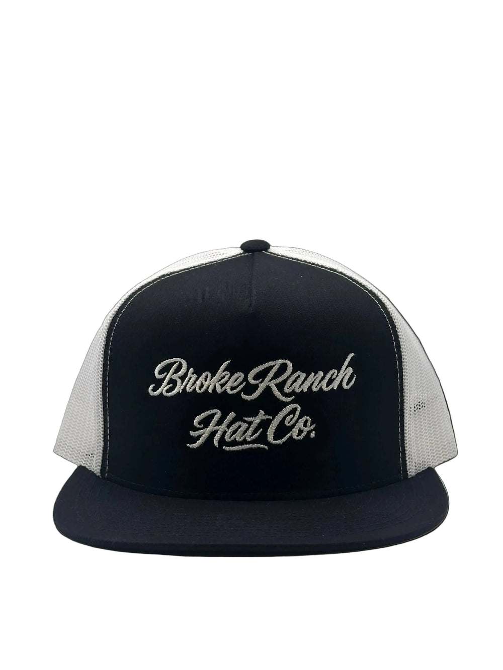 Black and white cap with 'Broke Ranch Hat Co.' text on a light gray background