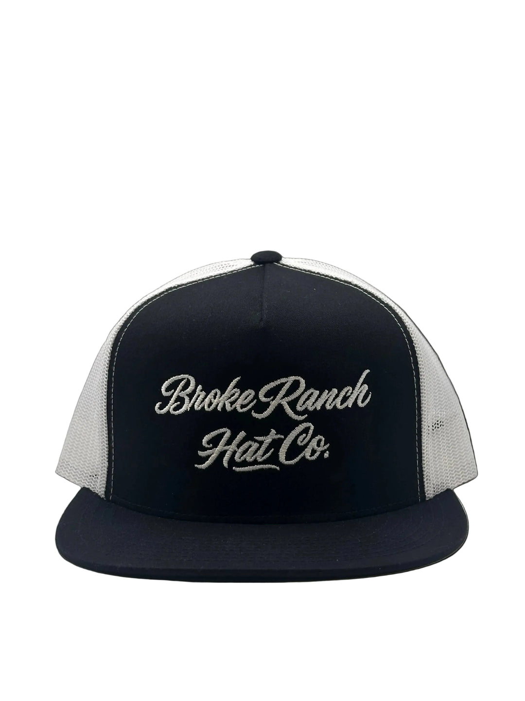 Black and white cap with 'Broke Ranch Hat Co.' text on a light gray background
