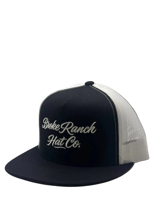 Black and white cap with 'Broke Ranch Hat Co.' logo