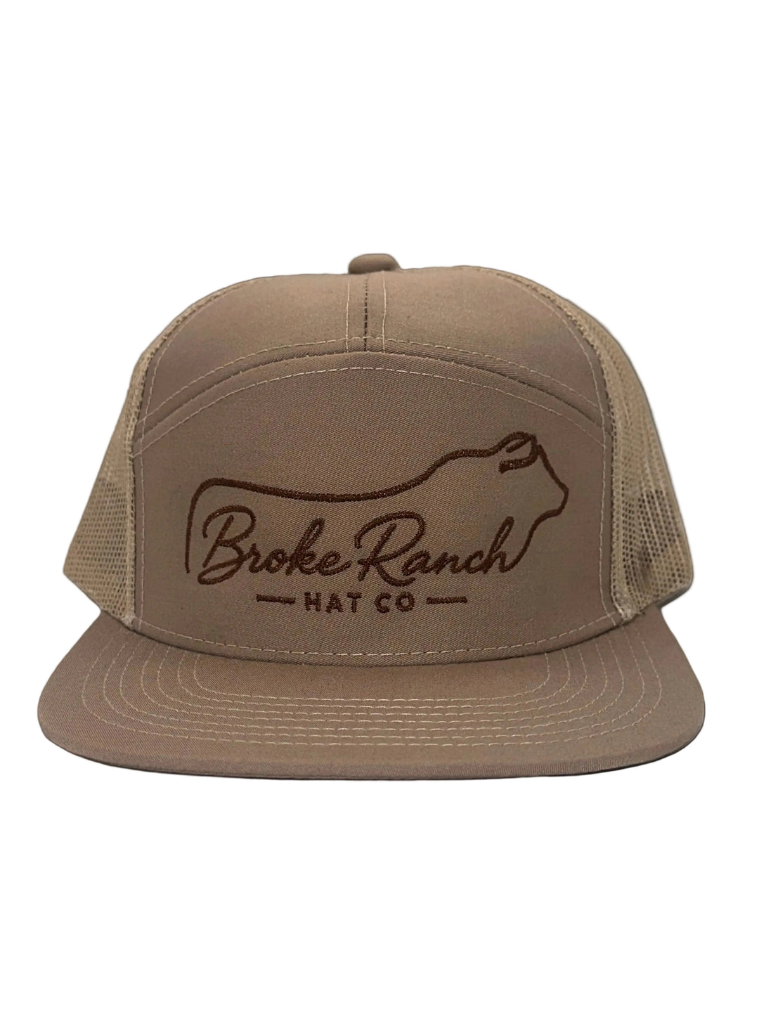 Brown trucker hat with 'Broke Ranch Hat Co.' logo