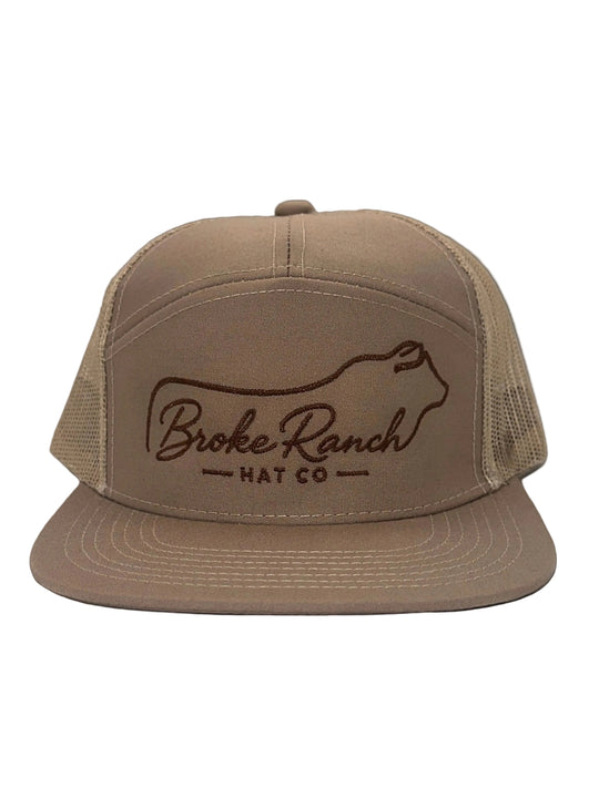 Brown trucker hat with 'Broke Ranch Hat Co.' logo