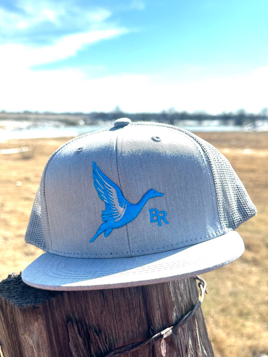 Gray and white cap with blue duck logo on a wooden post against a natural background
